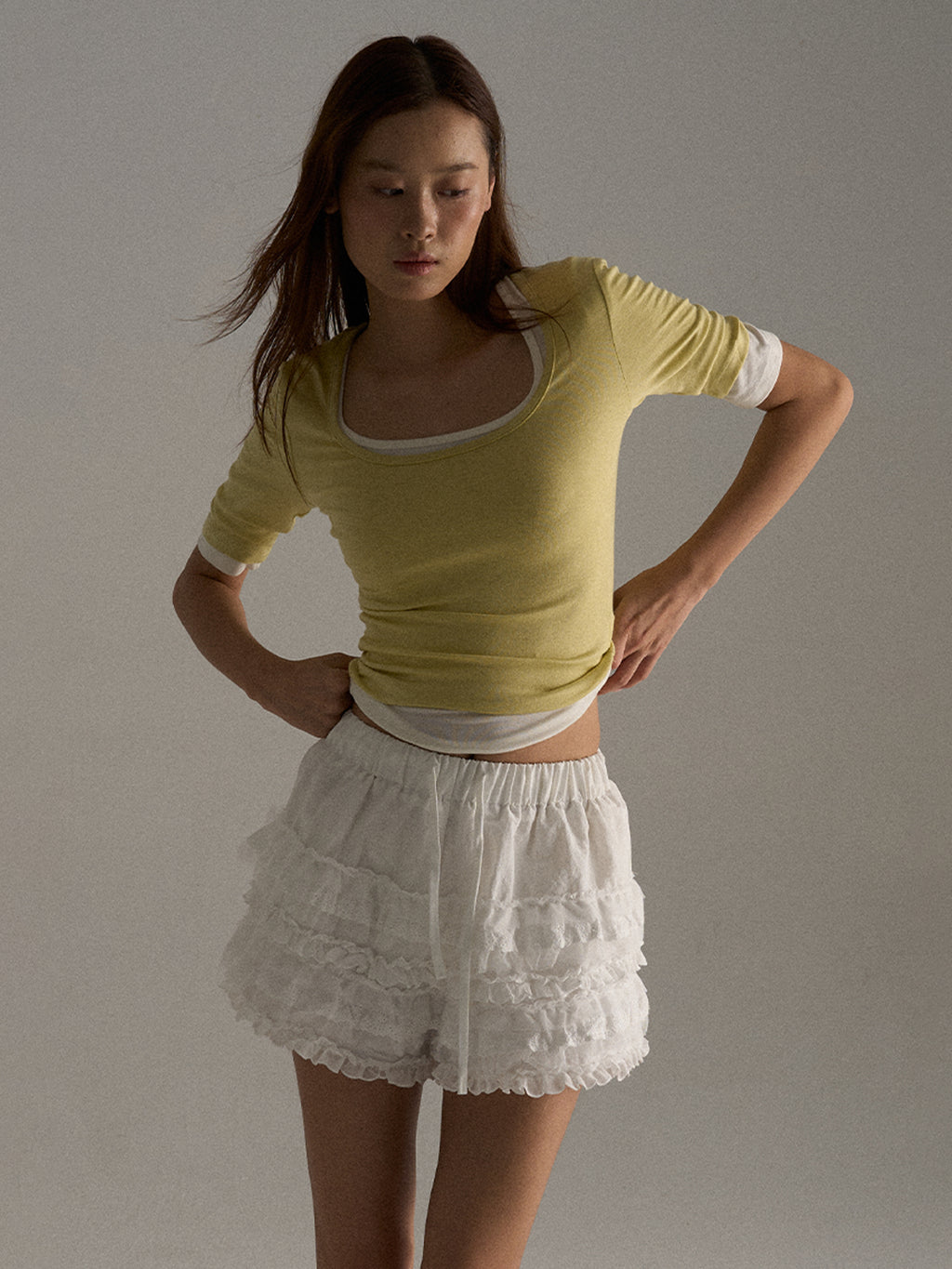 Three-Color Square-Neck Tencel-Wool Mid-Sleeve Tee