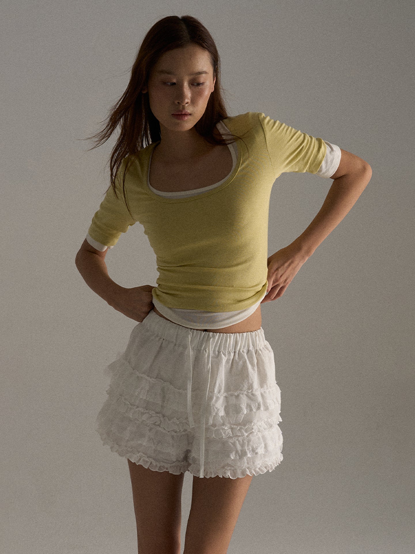 Three-Color Square-Neck Tencel-Wool Mid-Sleeve Tee
