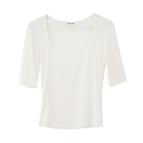 Three-Color Square-Neck Tencel-Wool Mid-Sleeve Tee